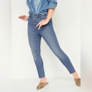 Old Navy Rockstar Mid Rise Super Skinny Ankle‎ Jeans Button Front Raw Hem